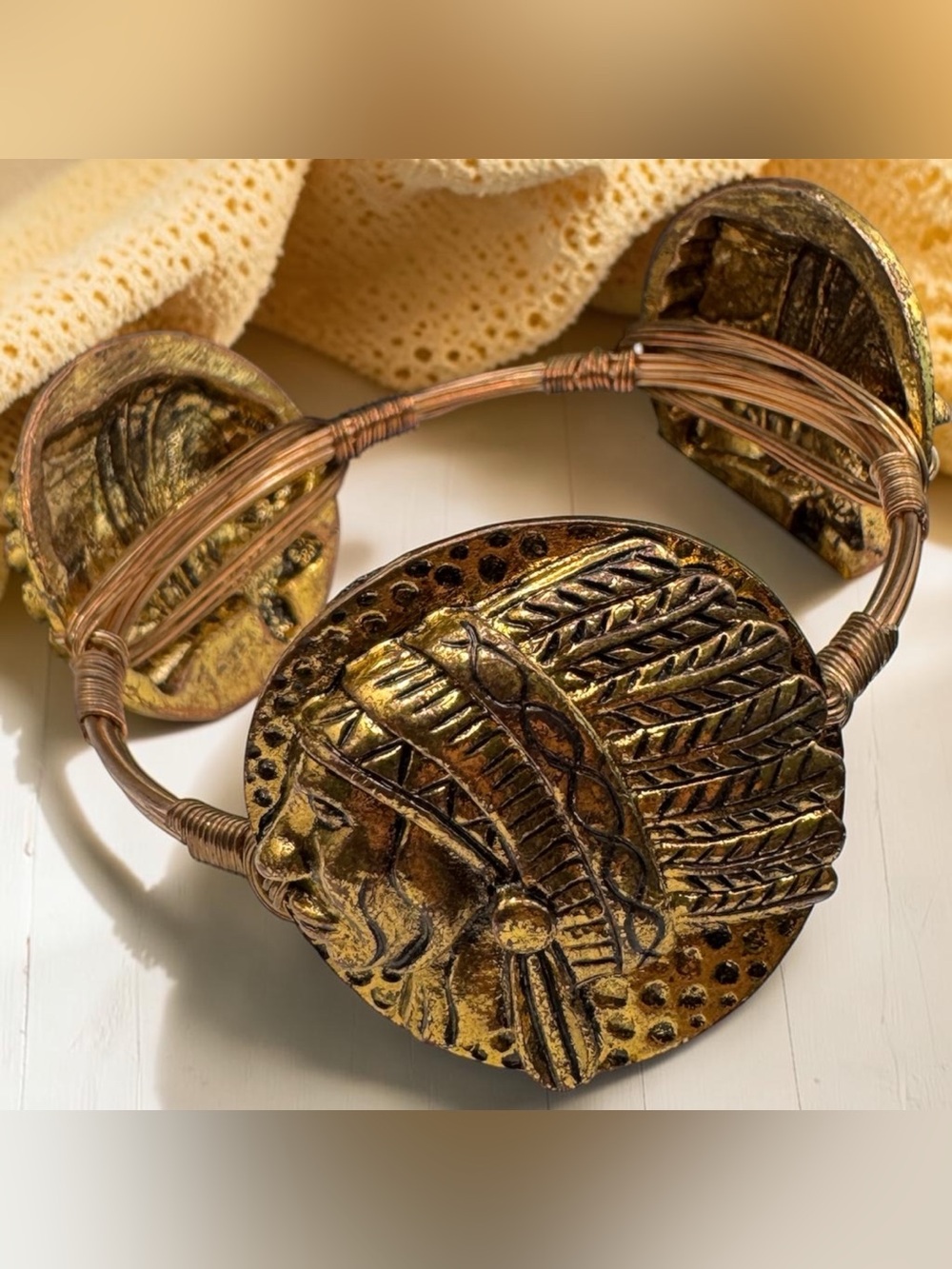 Handcrafted Gold-Tone Native American Medallion Bangle Bracelet - SKU DR